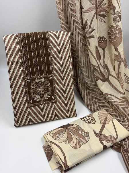 Morden Super Classic Brown Chevron Printed Suit Set with Embroidered Panel & Floral Dupatta