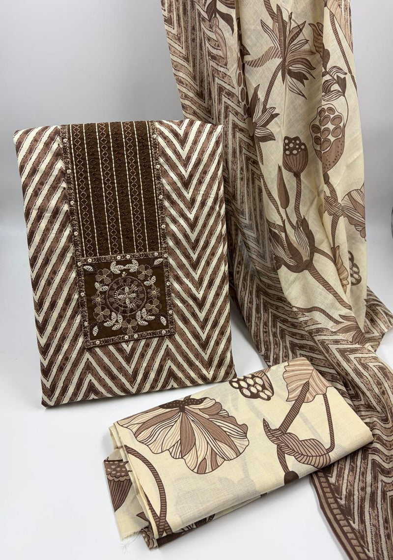 Morden Super Classic Brown Chevron Printed Suit Set with Embroidered Panel & Floral Dupatta