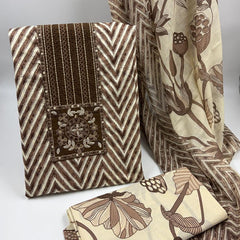 Morden Super Classic Brown Chevron Printed Suit Set with Embroidered Panel & Floral Dupatta