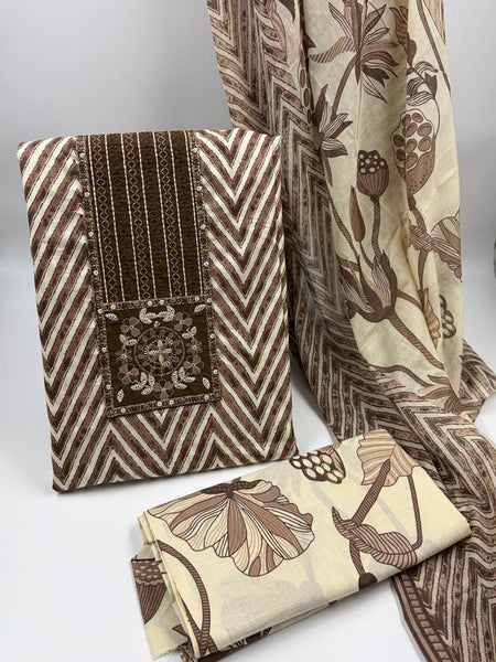 Morden Super Classic Brown Chevron Printed Suit Set with Embroidered Panel & Floral Dupatta