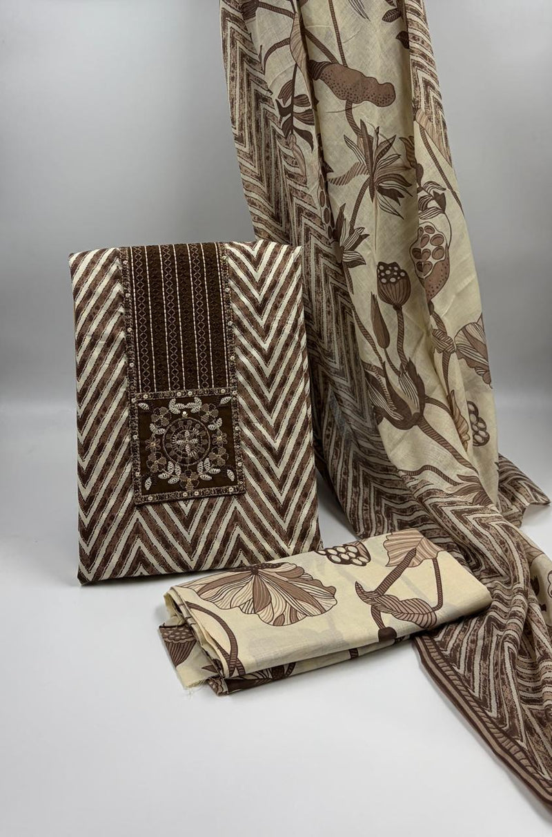 Morden Super Classic Brown Chevron Printed Suit Set with Embroidered Panel & Floral Dupatta