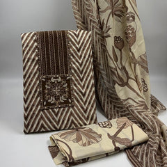 Morden Super Classic Brown Chevron Printed Suit Set with Embroidered Panel & Floral Dupatta