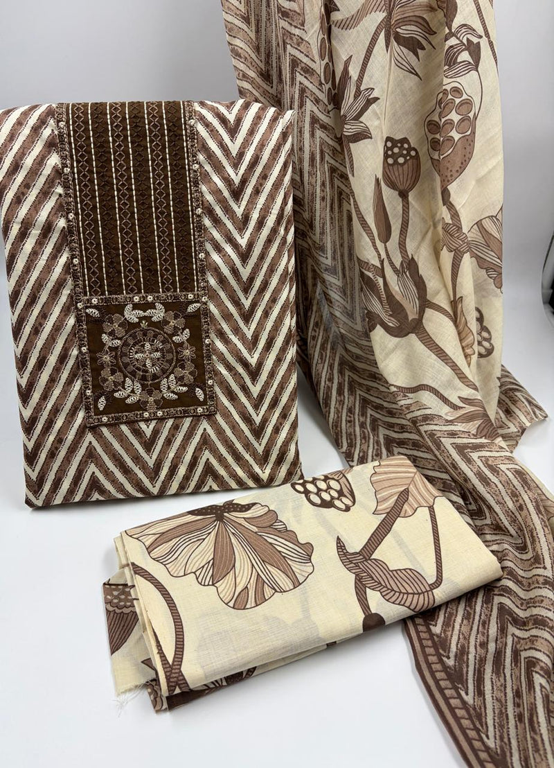 Morden Super Classic Brown Chevron Printed Suit Set with Embroidered Panel & Floral Dupatta