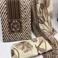 Morden Super Classic Brown Chevron Printed Suit Set with Embroidered Panel & Floral Dupatta