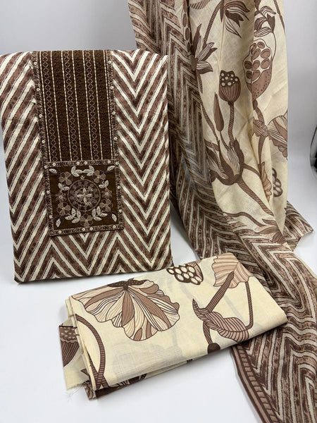Morden Super Classic Brown Chevron Printed Suit Set with Embroidered Panel & Floral Dupatta