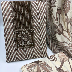 Morden Super Classic Brown Chevron Printed Suit Set with Embroidered Panel & Floral Dupatta