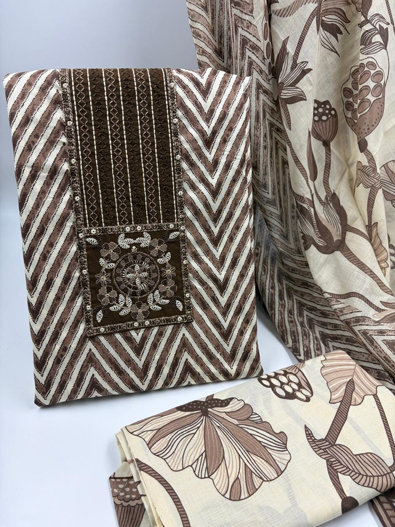 Morden Super Classic Brown Chevron Printed Suit Set with Embroidered Panel & Floral Dupatta