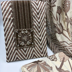 Morden Super Classic Brown Chevron Printed Suit Set with Embroidered Panel & Floral Dupatta