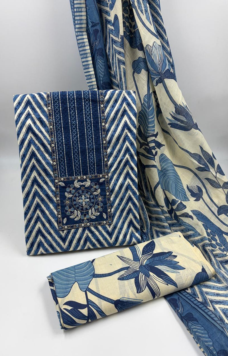 Morden Super Royal Blue Chevron Printed Suit Set with Embroidered Panel & Floral Dupatta