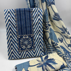 Morden Super Royal Blue Chevron Printed Suit Set with Embroidered Panel & Floral Dupatta