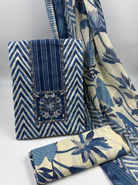Morden Super Royal Blue Chevron Printed Suit Set with Embroidered Panel & Floral Dupatta
