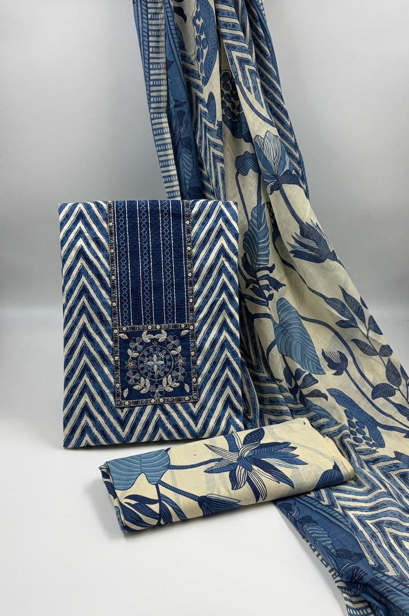 Morden Super Royal Blue Chevron Printed Suit Set with Embroidered Panel & Floral Dupatta
