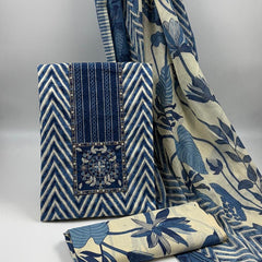 Morden Super Royal Blue Chevron Printed Suit Set with Embroidered Panel & Floral Dupatta