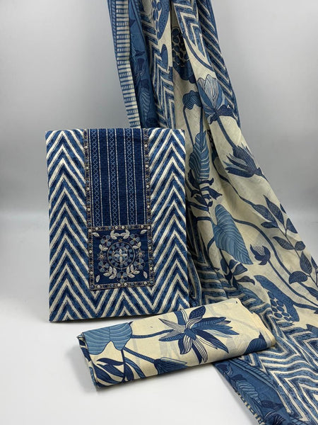 Morden Super Royal Blue Chevron Printed Suit Set with Embroidered Panel & Floral Dupatta