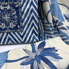 Morden Super Royal Blue Chevron Printed Suit Set with Embroidered Panel & Floral Dupatta