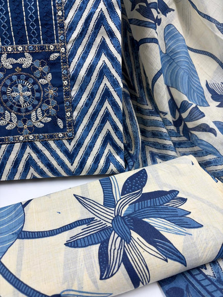 Morden Super Royal Blue Chevron Printed Suit Set with Embroidered Panel & Floral Dupatta