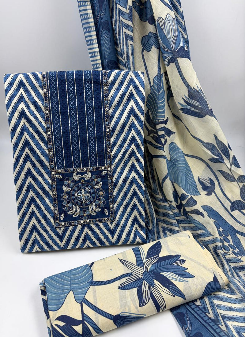Morden Super Royal Blue Chevron Printed Suit Set with Embroidered Panel & Floral Dupatta