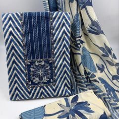 Morden Super Royal Blue Chevron Printed Suit Set with Embroidered Panel & Floral Dupatta