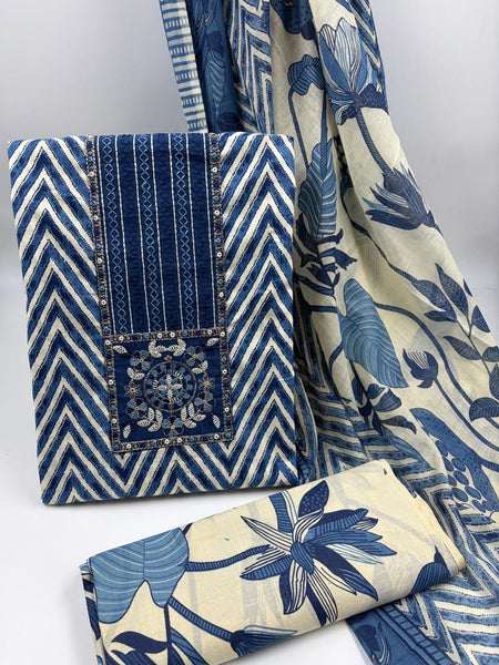 Morden Super Royal Blue Chevron Printed Suit Set with Embroidered Panel & Floral Dupatta