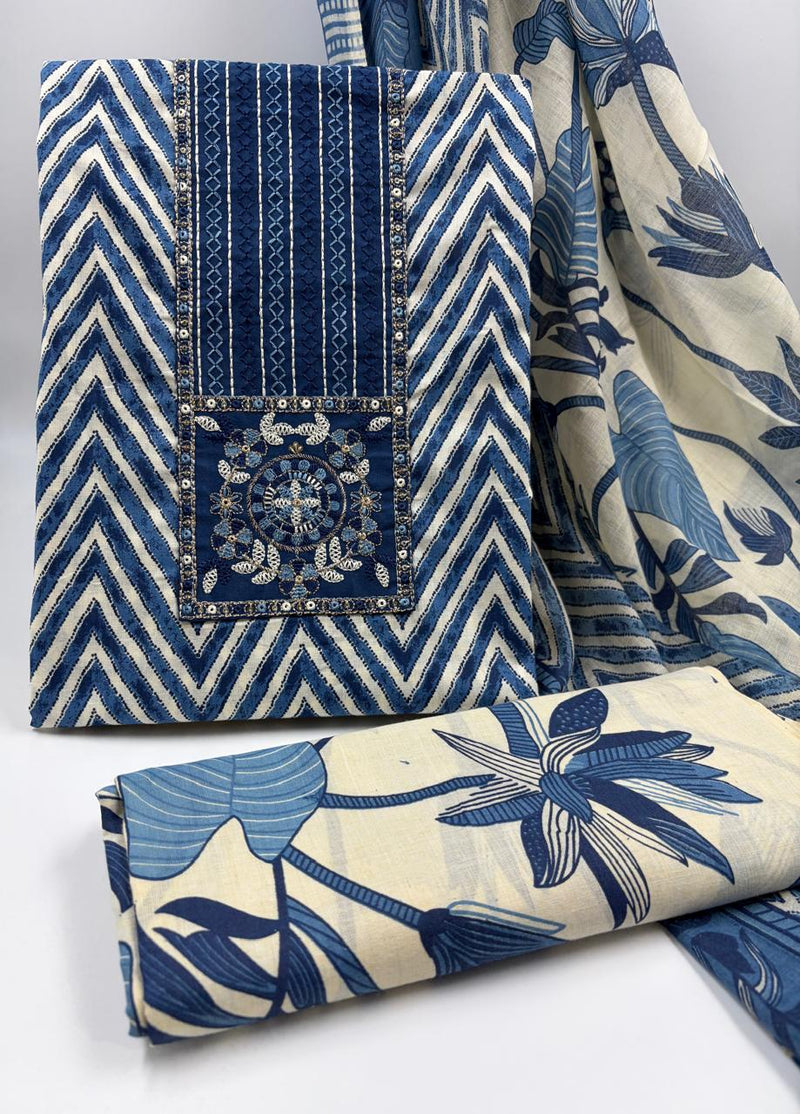 Morden Super Royal Blue Chevron Printed Suit Set with Embroidered Panel & Floral Dupatta