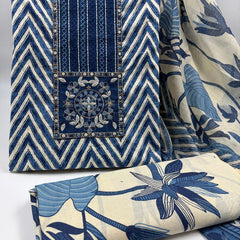 Morden Super Royal Blue Chevron Printed Suit Set with Embroidered Panel & Floral Dupatta