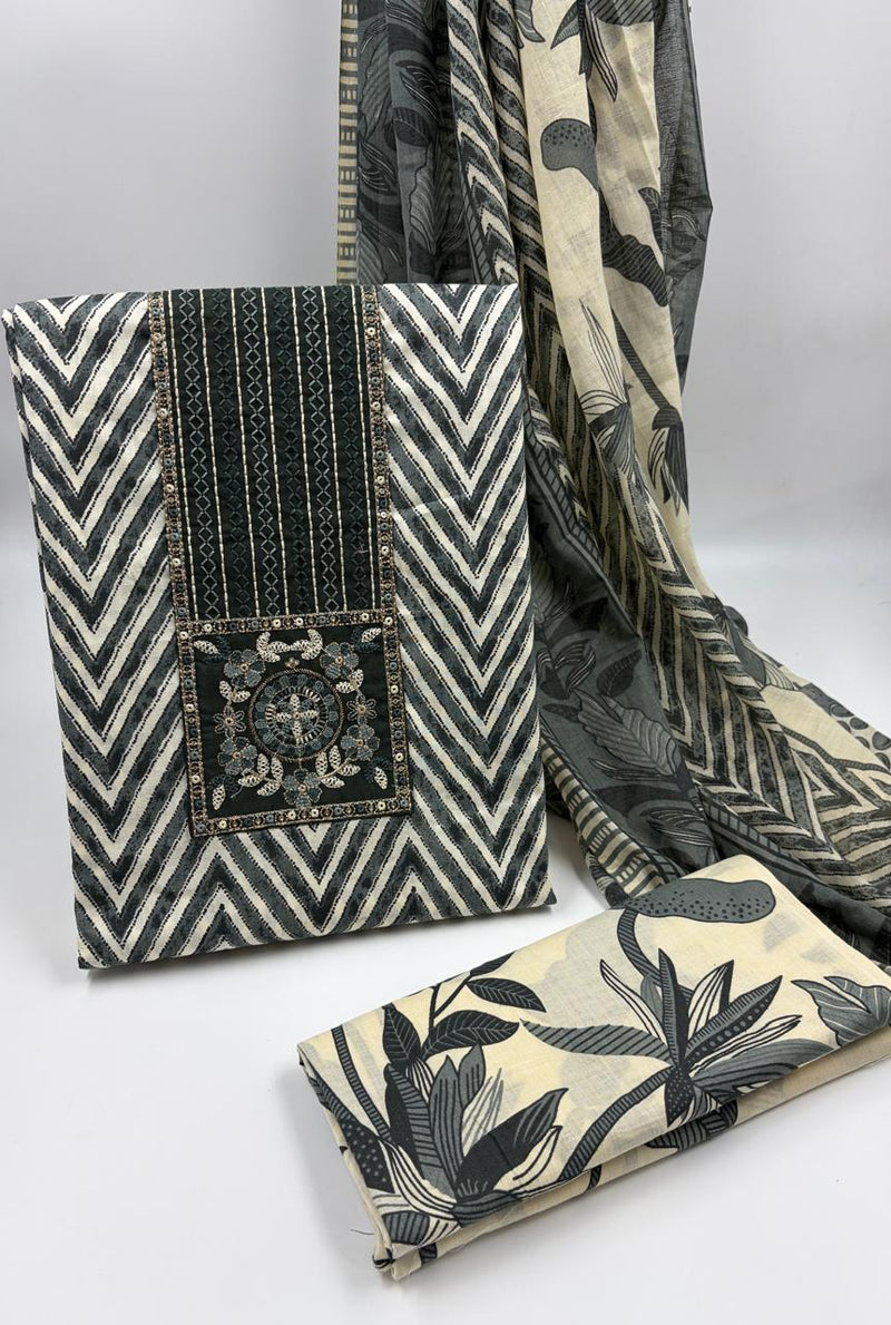 Morden Super Black & Beige Printed Dress Material with Chevron Pattern and Floral Dupatta