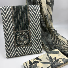 Morden Super Black & Beige Printed Dress Material with Chevron Pattern and Floral Dupatta