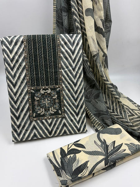 Morden Super Black & Beige Printed Dress Material with Chevron Pattern and Floral Dupatta