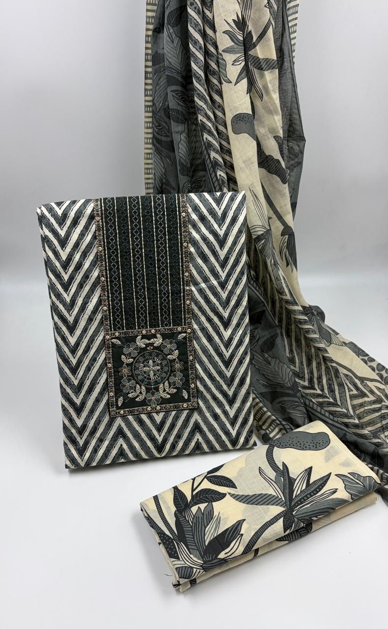 Morden Super Black & Beige Printed Dress Material with Chevron Pattern and Floral Dupatta