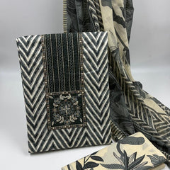 Morden Super Black & Beige Printed Dress Material with Chevron Pattern and Floral Dupatta
