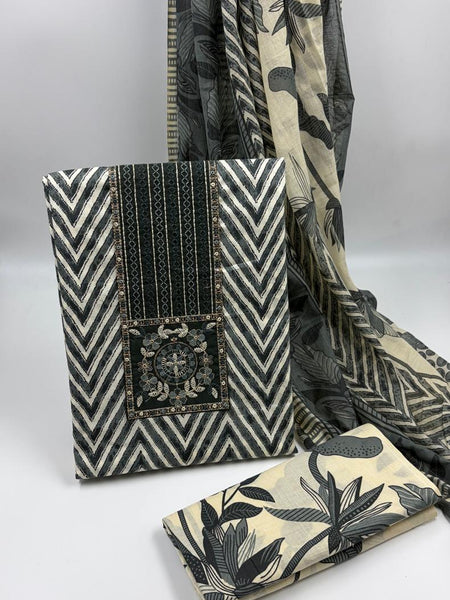 Morden Super Black & Beige Printed Dress Material with Chevron Pattern and Floral Dupatta