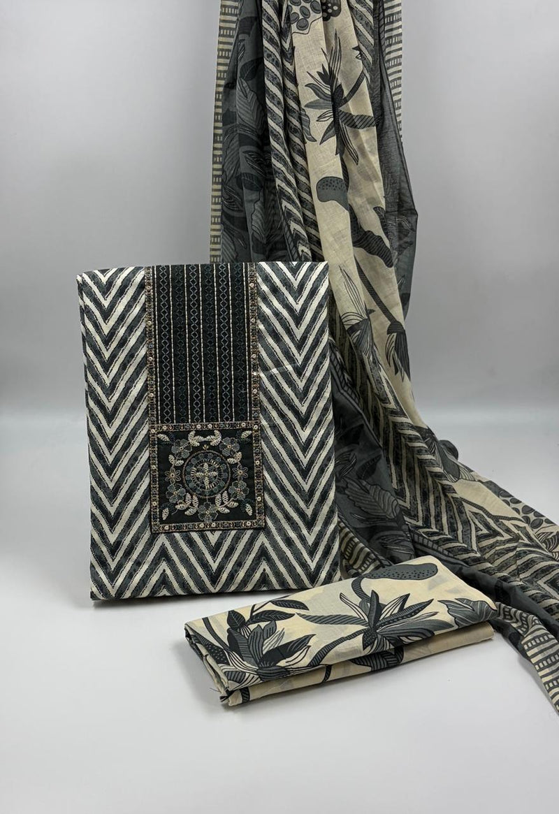 Morden Super Black & Beige Printed Dress Material with Chevron Pattern and Floral Dupatta