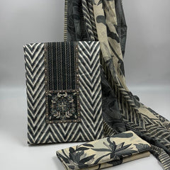 Morden Super Black & Beige Printed Dress Material with Chevron Pattern and Floral Dupatta