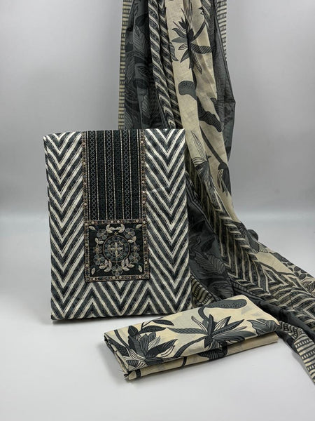 Morden Super Black & Beige Printed Dress Material with Chevron Pattern and Floral Dupatta