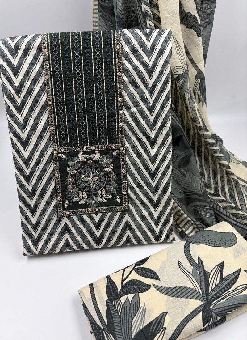Morden Super Black & Beige Printed Dress Material with Chevron Pattern and Floral Dupatta