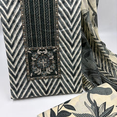 Morden Super Black & Beige Printed Dress Material with Chevron Pattern and Floral Dupatta