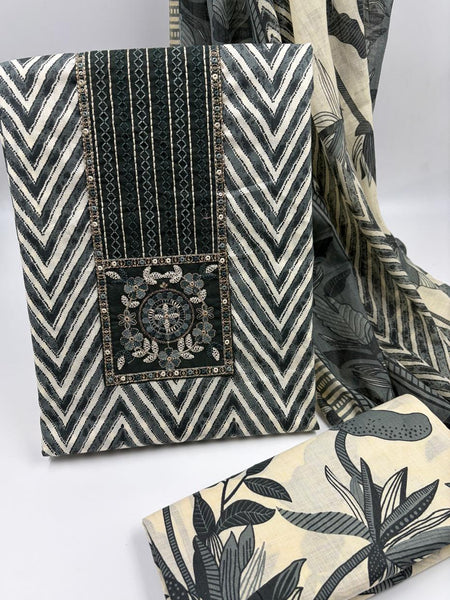 Morden Super Black & Beige Printed Dress Material with Chevron Pattern and Floral Dupatta