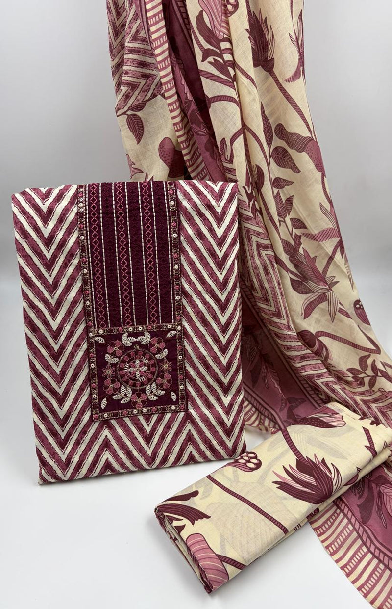 Morden Super Maroon & Beige Printed Dress Material with Floral Motifs and Chevron Design