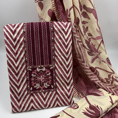 Morden Super Maroon & Beige Printed Dress Material with Floral Motifs and Chevron Design