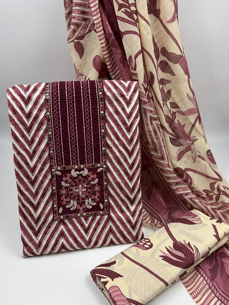 Morden Super Maroon & Beige Printed Dress Material with Floral Motifs and Chevron Design