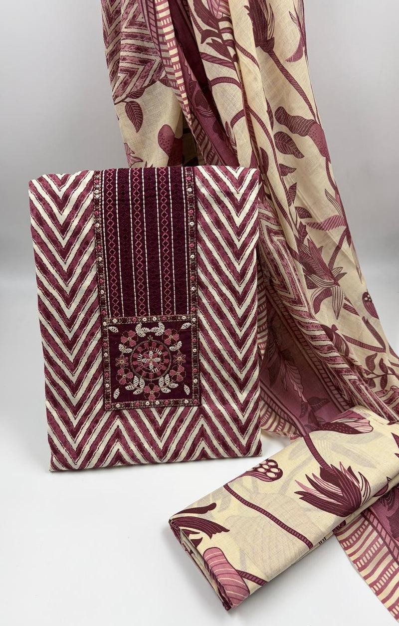 Morden Super Maroon & Beige Printed Dress Material with Floral Motifs and Chevron Design