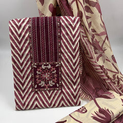 Morden Super Maroon & Beige Printed Dress Material with Floral Motifs and Chevron Design