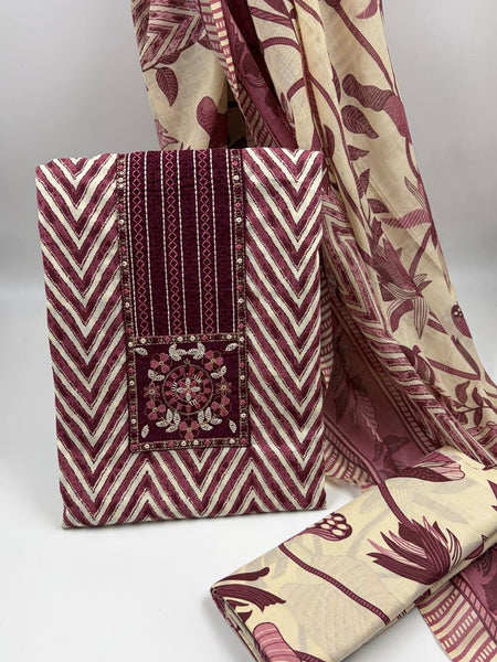 Morden Super Maroon & Beige Printed Dress Material with Floral Motifs and Chevron Design