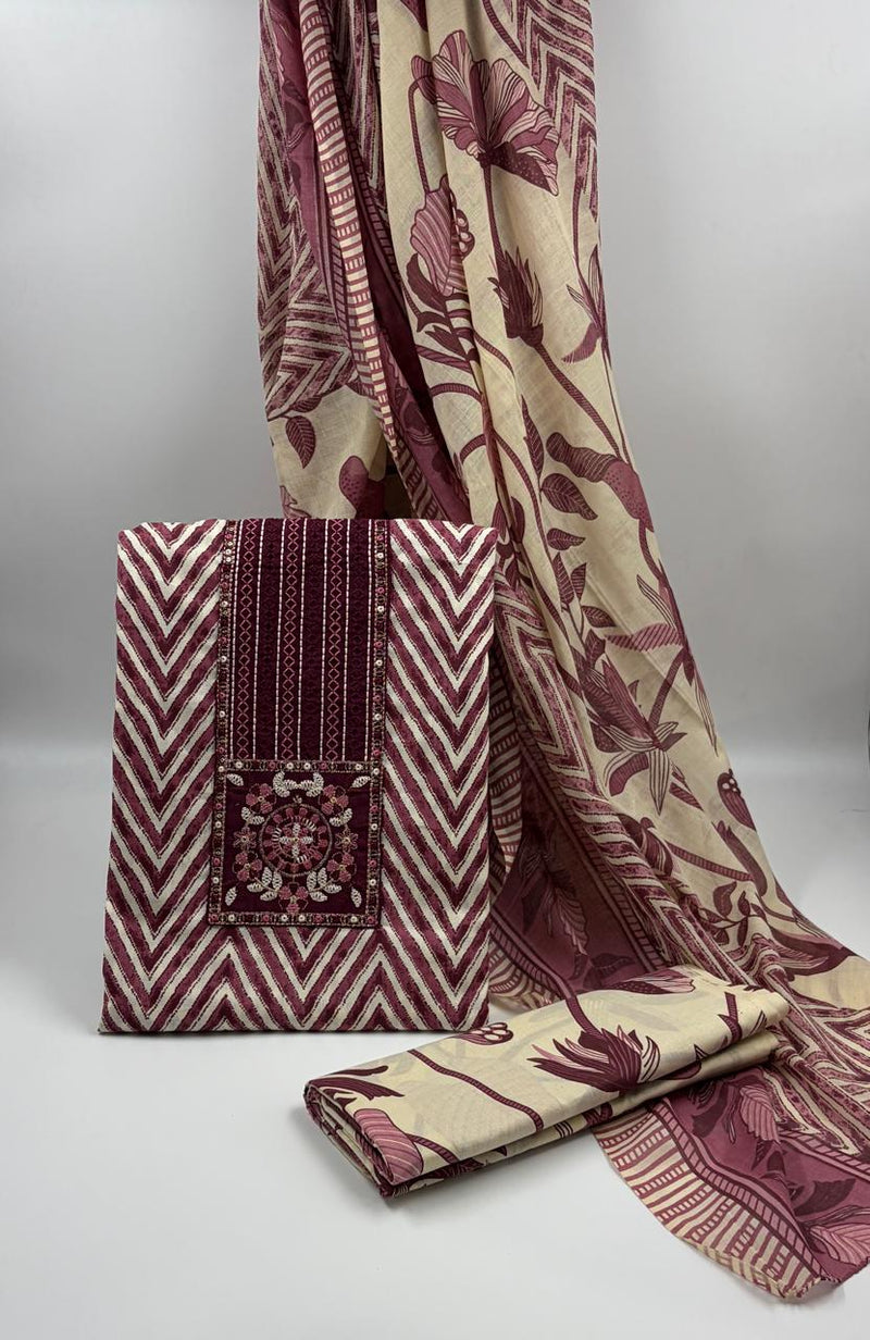 Morden Super Maroon & Beige Printed Dress Material with Floral Motifs and Chevron Design