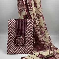 Morden Super Maroon & Beige Printed Dress Material with Floral Motifs and Chevron Design