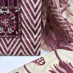 Morden Super Maroon & Beige Printed Dress Material with Floral Motifs and Chevron Design