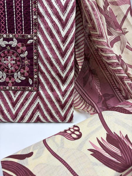 Morden Super Maroon & Beige Printed Dress Material with Floral Motifs and Chevron Design