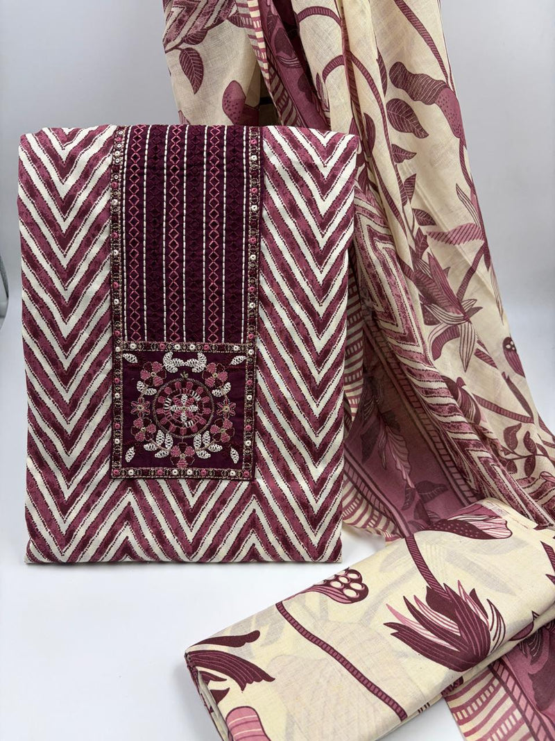 Morden Super Maroon & Beige Printed Dress Material with Floral Motifs and Chevron Design