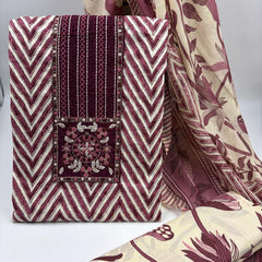 Morden Super Maroon & Beige Printed Dress Material with Floral Motifs and Chevron Design
