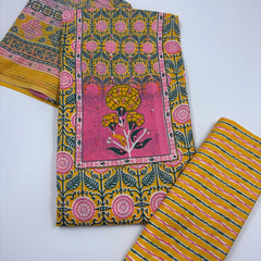 Morden Super Yellow Floral Printed Cotton Unstitched Suit Set with Dupatta